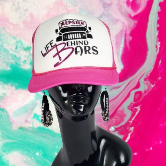 Jeepster Life Behind Bars White & Pink Cap Shiny Glit Ltrg and Swrk. Crystals. - Picture 3 of 6